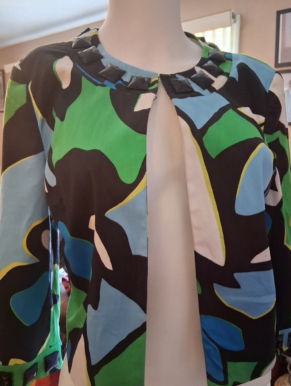 Women's Abstract Print Open Jacket in Green & Blue